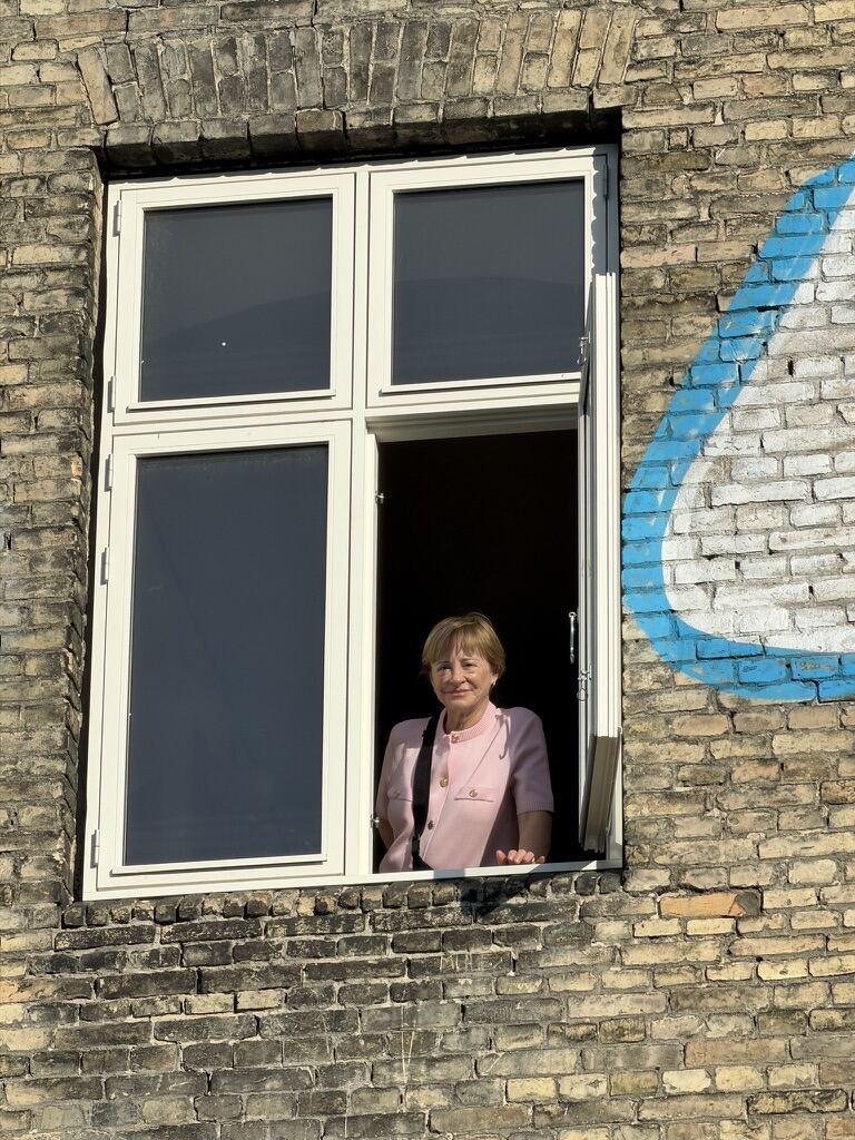 Mujer asomada a una ventana en una pared de ladrillo