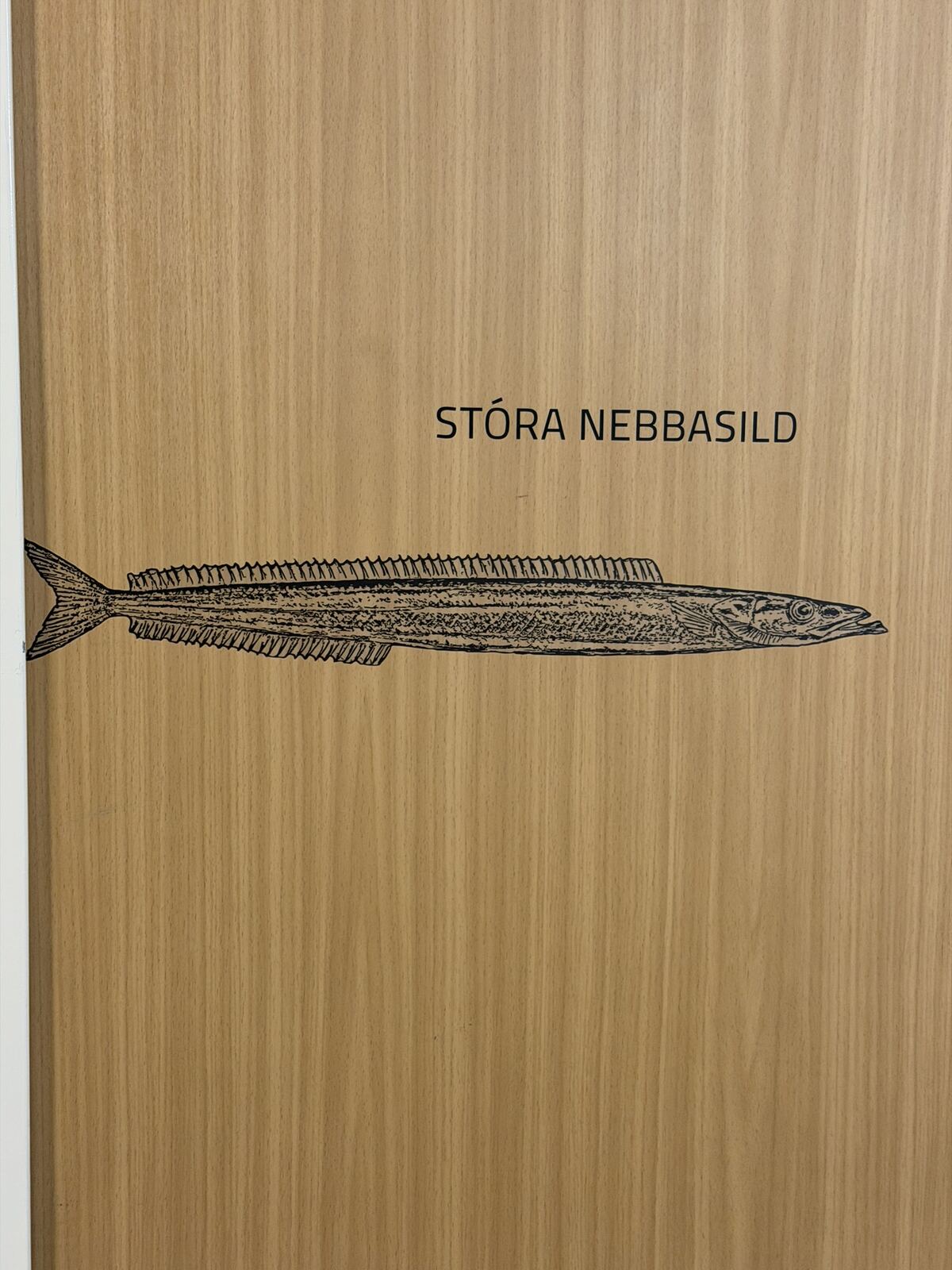 Puerta del camarote con el nombre de un pez en feroés